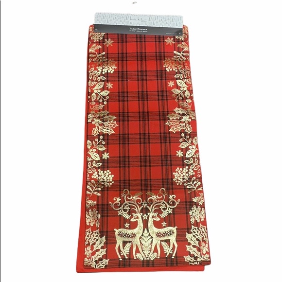 Nicole Miller Christmas Table Runner Red Gold Reindeer Plaid Country Farmhouse - Picture 1 of 4